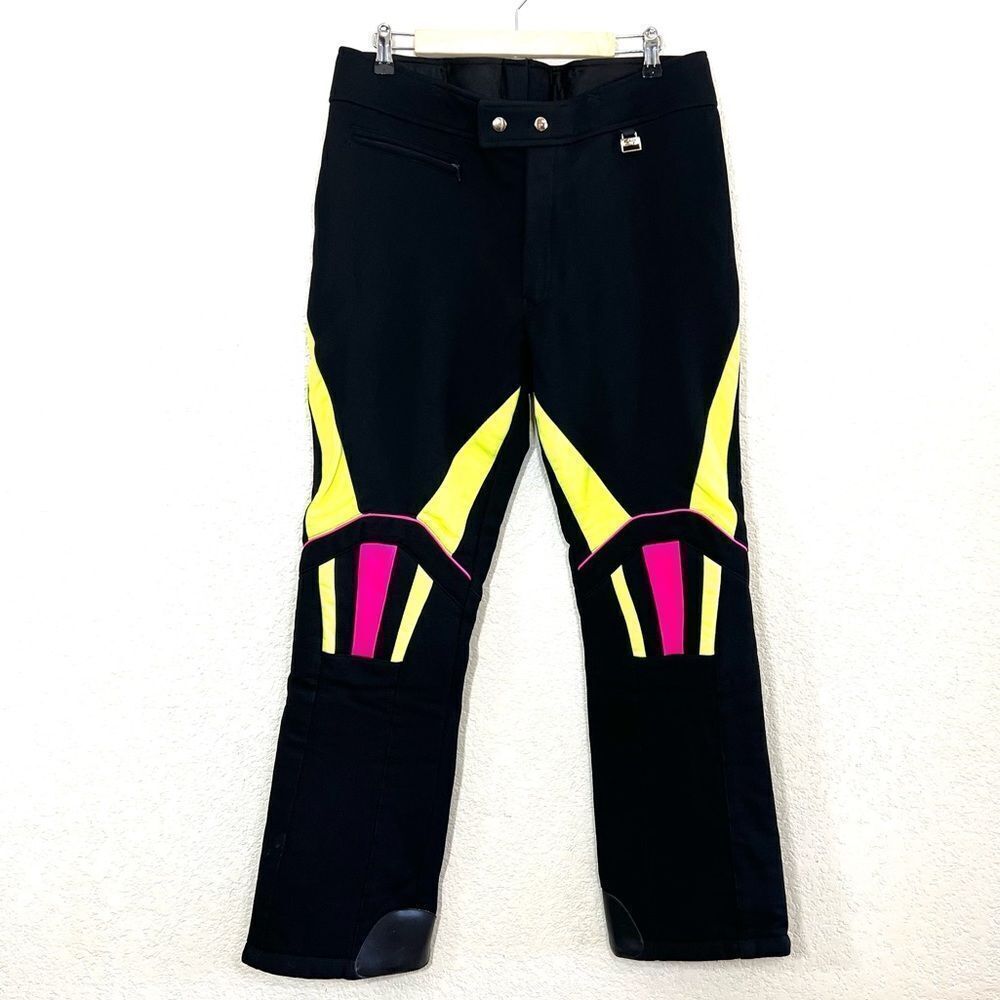 Vintage 80’s Schoeller Of Switzerland Ski Pants Black Neon Pink Yellow Size 38